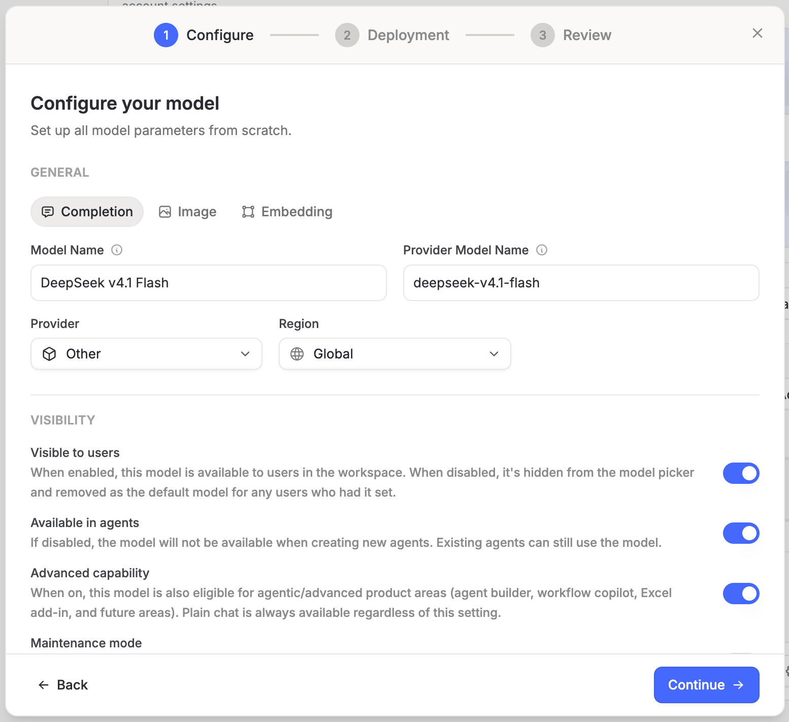 Langdock Configure step with model name and provider model name filled in