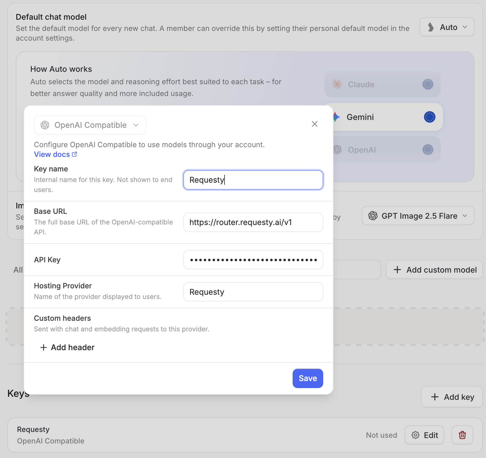 Langdock OpenAI Compatible key form filled in with the Requesty base URL