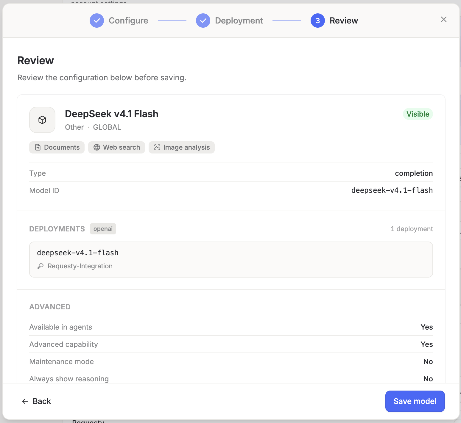 Langdock Review step showing the DeepSeek v4.1 Flash model routed through the Requesty key