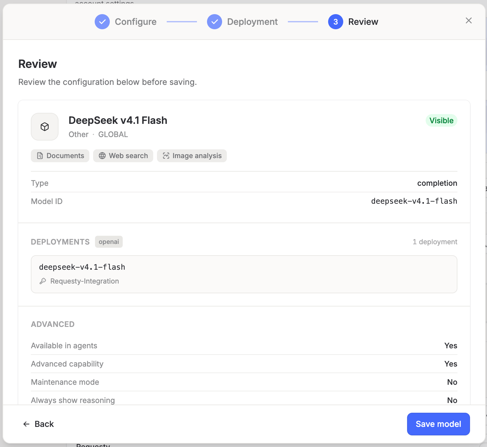 Langdock Review step showing the DeepSeek v4.1 Flash model routed through the Requesty key