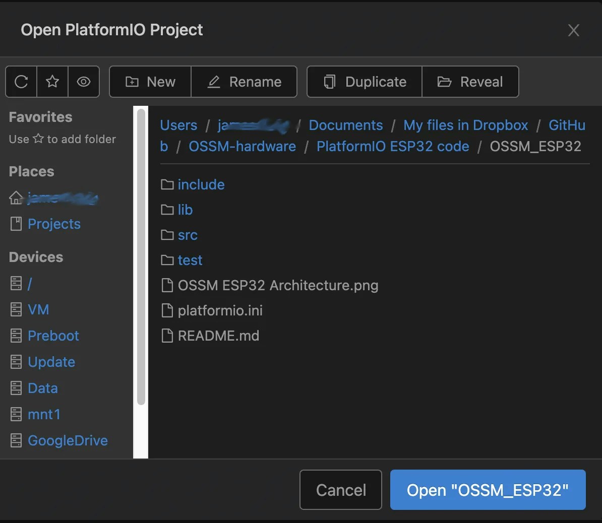 Selecting the OSSM project folder