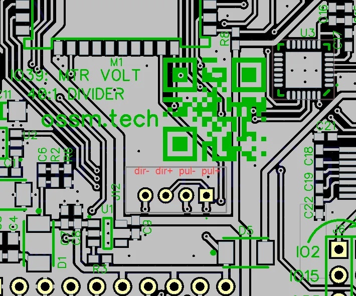 JST connector header locations on the OSSM PCB showing motor output, encoder input, and auxiliary connections