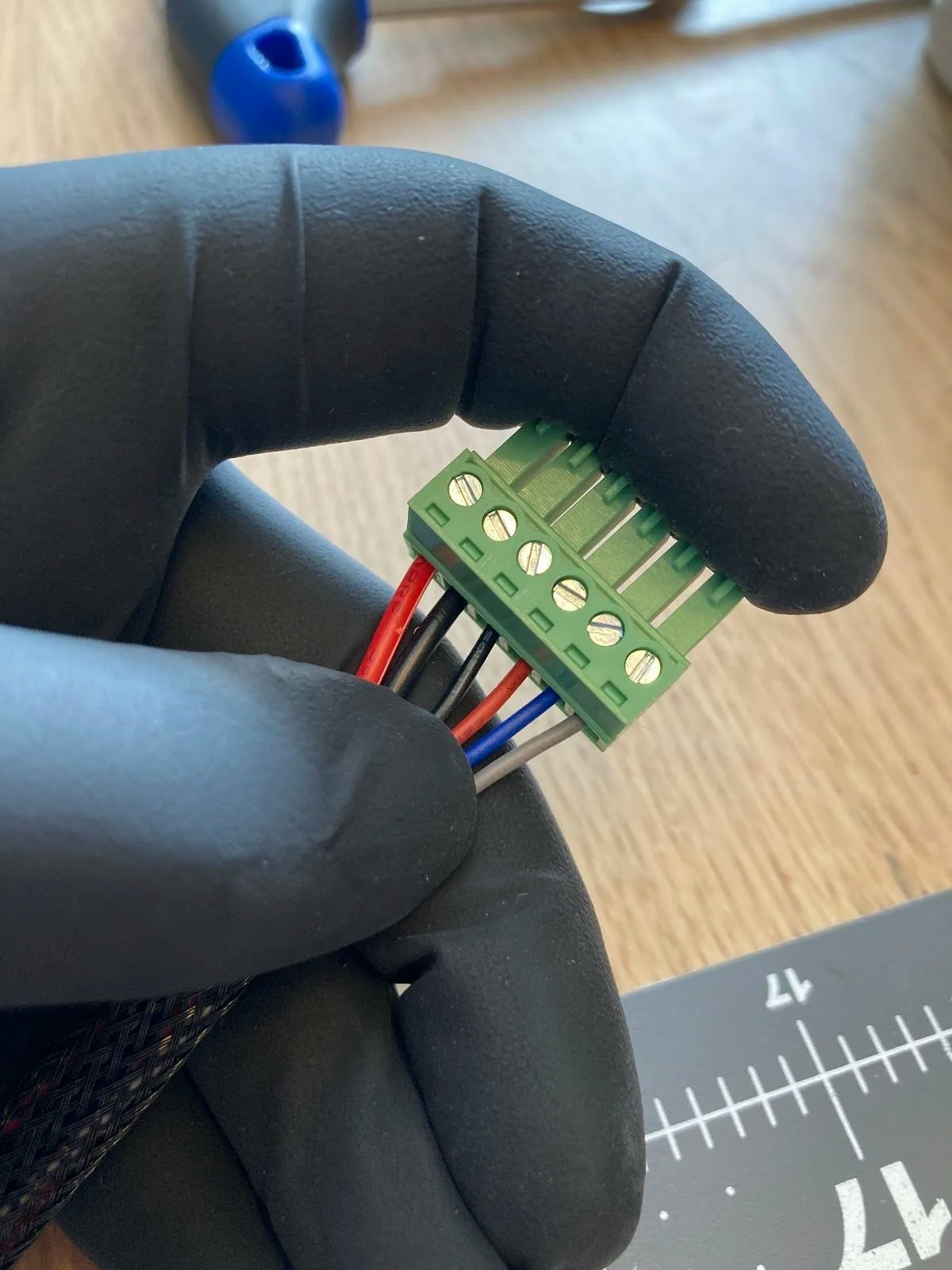 Power cables connected to green connector