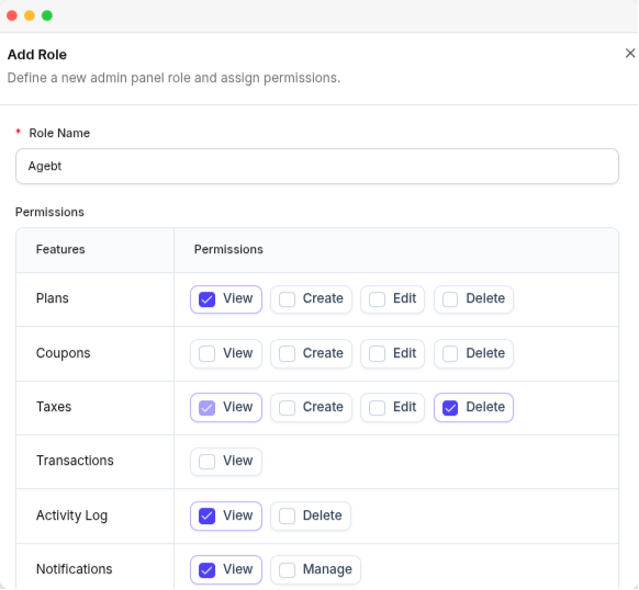 The Add Role panel, with the permission checkboxes for each area