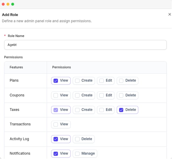 The Add Role panel, with the permission checkboxes for each area