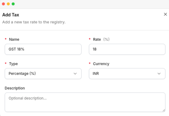 The Add Tax panel, with the name, rate, type, currency, and description fields