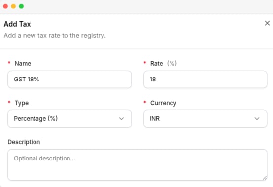 The Add Tax panel, with the name, rate, type, currency, and description fields