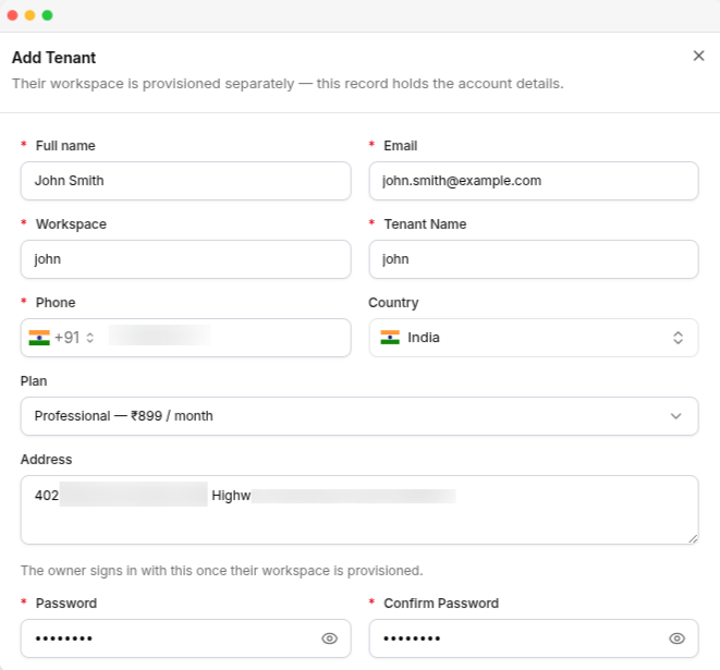 The Add Tenant form, with the tenant, workspace, plan, and password fields