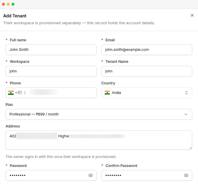 The Add Tenant form, with the tenant, workspace, plan, and password fields