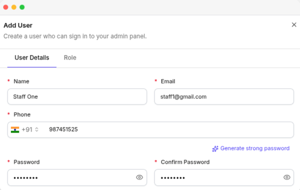 The Add User panel, with the User Details tab and the Role tab beside it