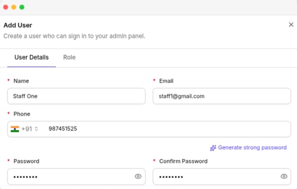 The Add User panel, with the User Details tab and the Role tab beside it