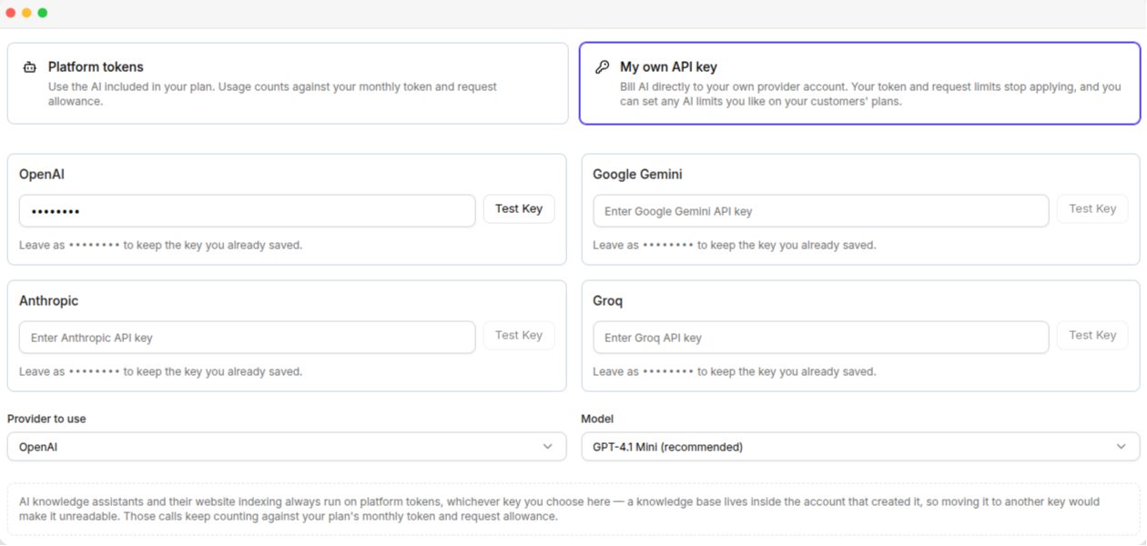 The AI tab with My own API key selected, showing the provider key fields