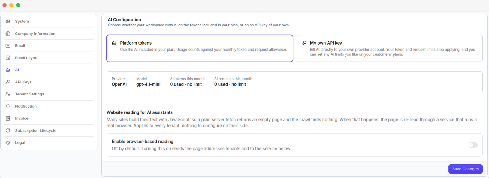 The AI settings tab, with the billing choice and the current provider, model and usage