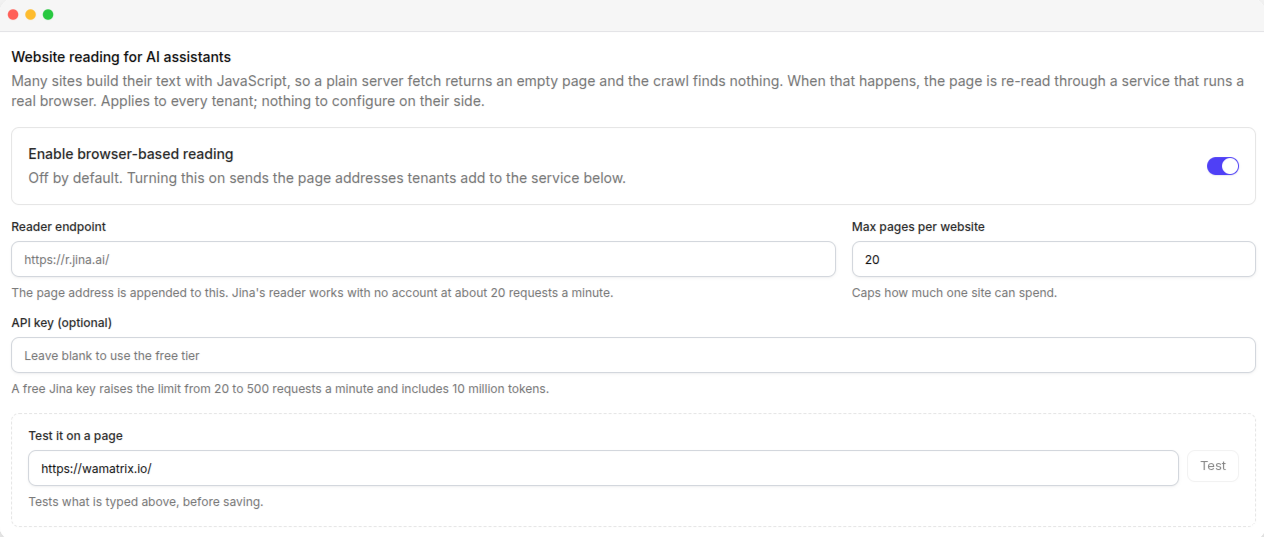 The website reading settings, with the reader endpoint, page cap and test field