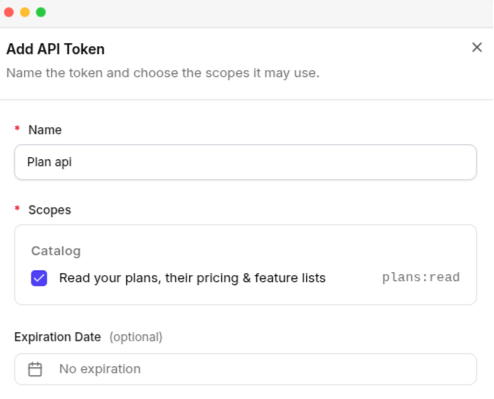 The Add API Token panel, with the name, scopes, and expiration date fields