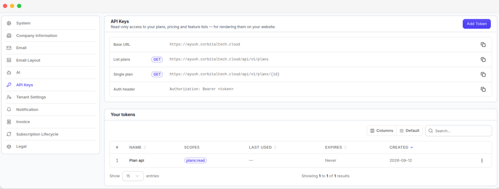 The API Keys tab, with the base URL, endpoints, auth header, and the token list