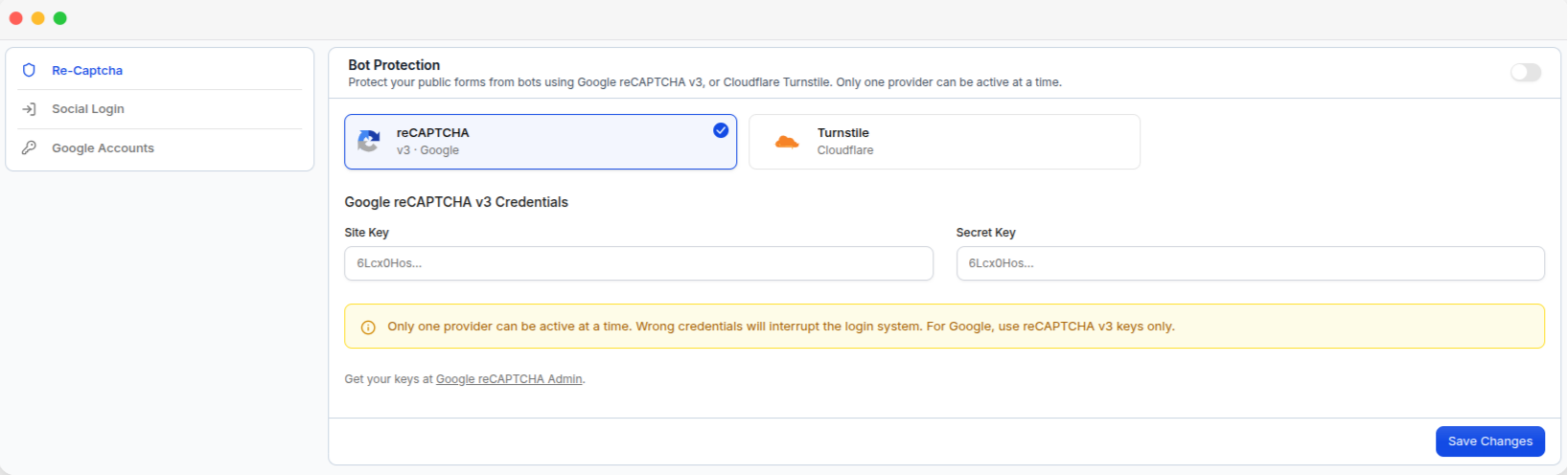 The Bot Protection page, with the reCAPTCHA and Turnstile provider options and their key fields