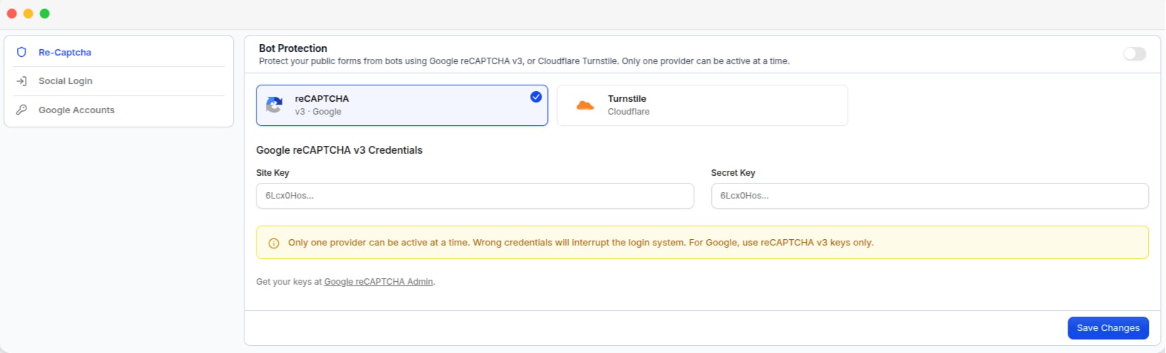 The Bot Protection page, with the reCAPTCHA and Turnstile provider options and their key fields