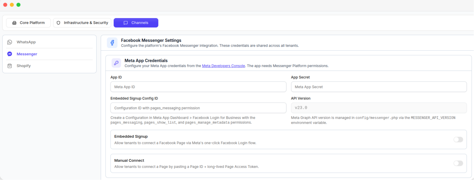 The Messenger tab, with the Meta app credentials and connection switches