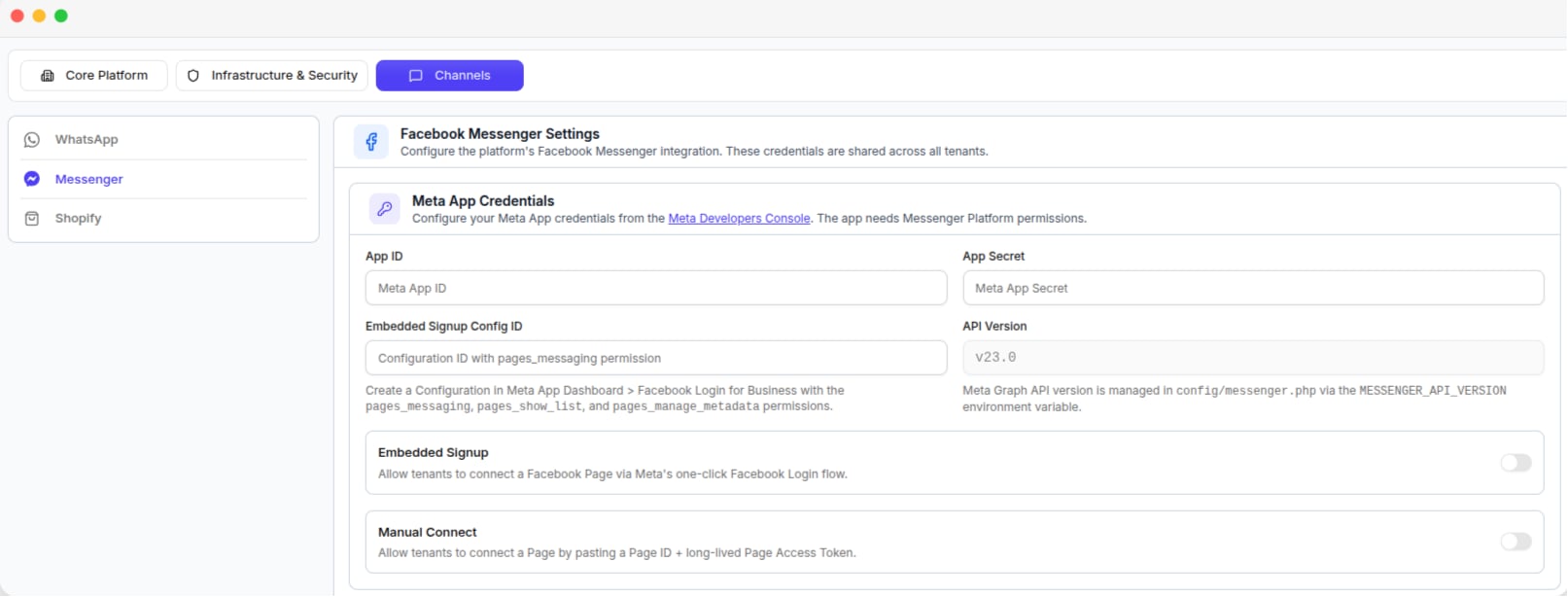 The Messenger tab, with the Meta app credentials and connection switches