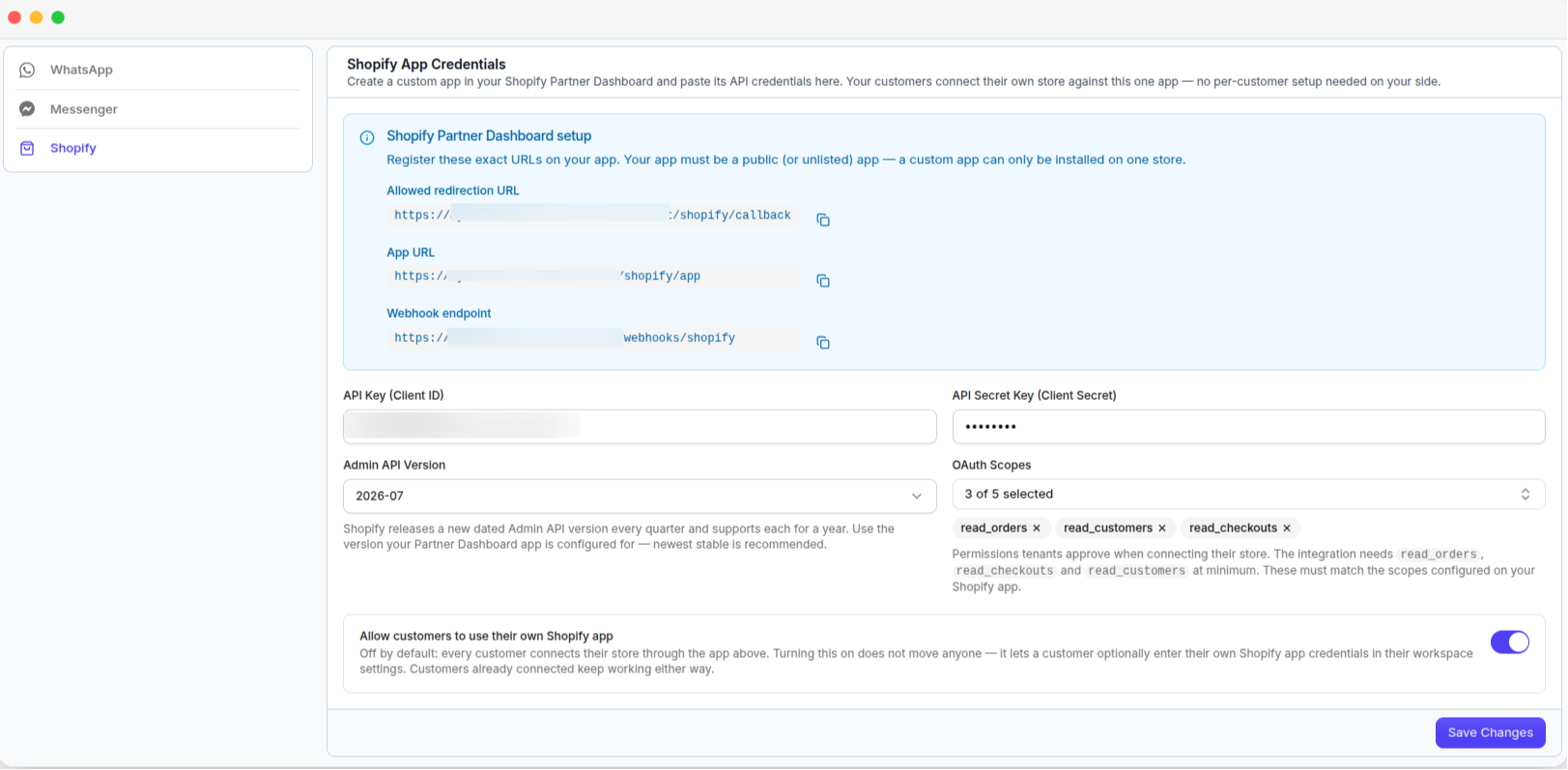 The Shopify tab, with the URLs to register, API credentials and OAuth scopes