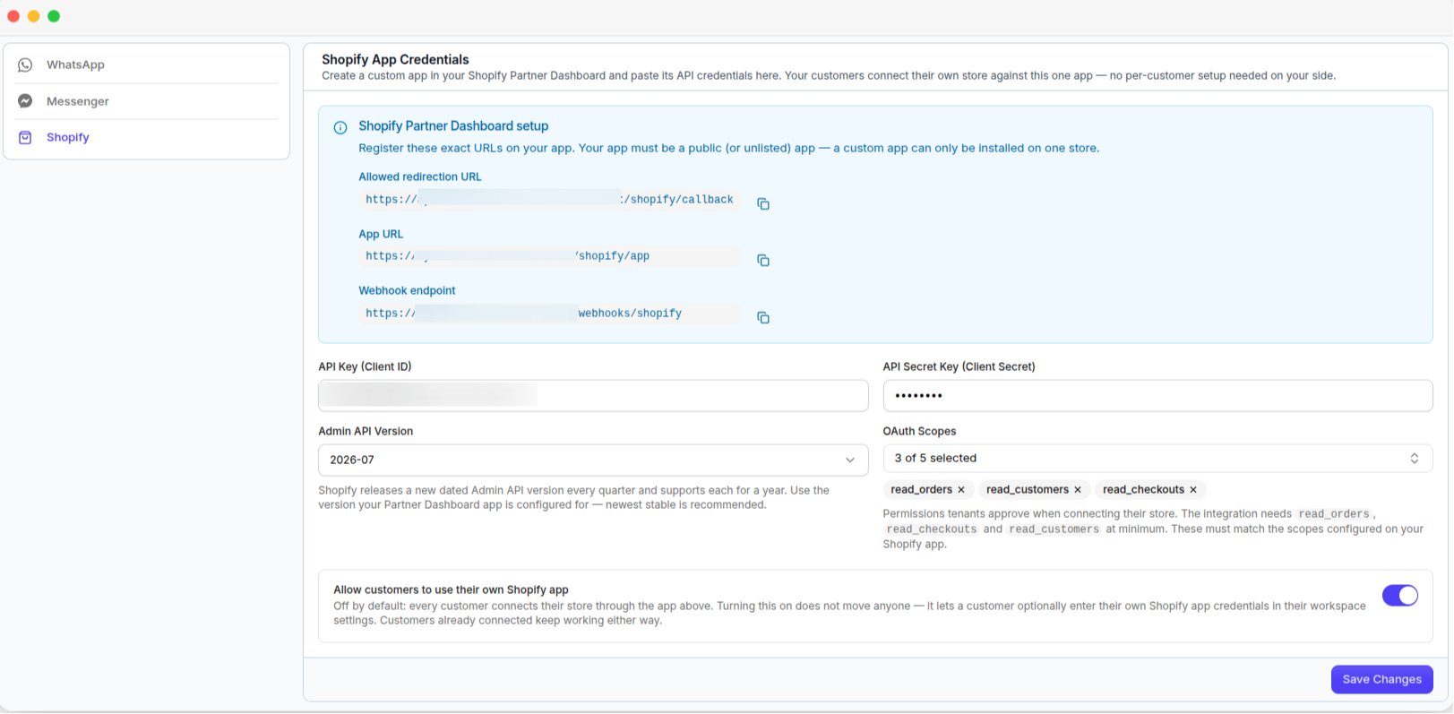 The Shopify tab, with the URLs to register, API credentials and OAuth scopes