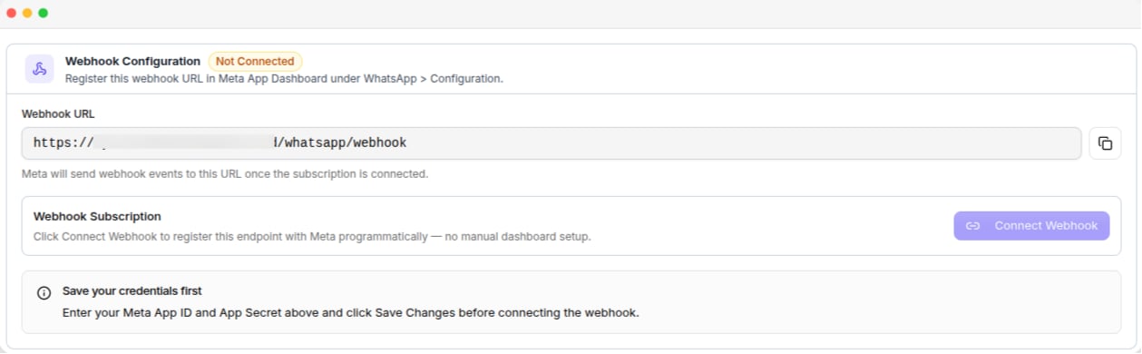 The Webhook Configuration card, with the webhook URL and Connect Webhook button