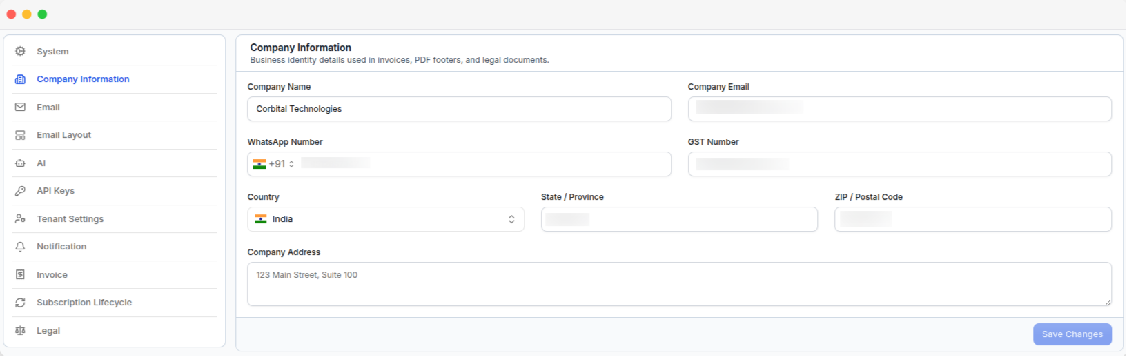 The Company Information settings page, with the business identity fields used on invoices