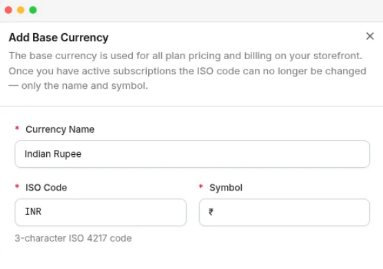 The Edit Currency panel, showing the Currency Name, ISO Code and Symbol fields