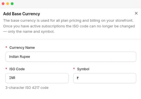 The Edit Currency panel, showing the Currency Name, ISO Code and Symbol fields