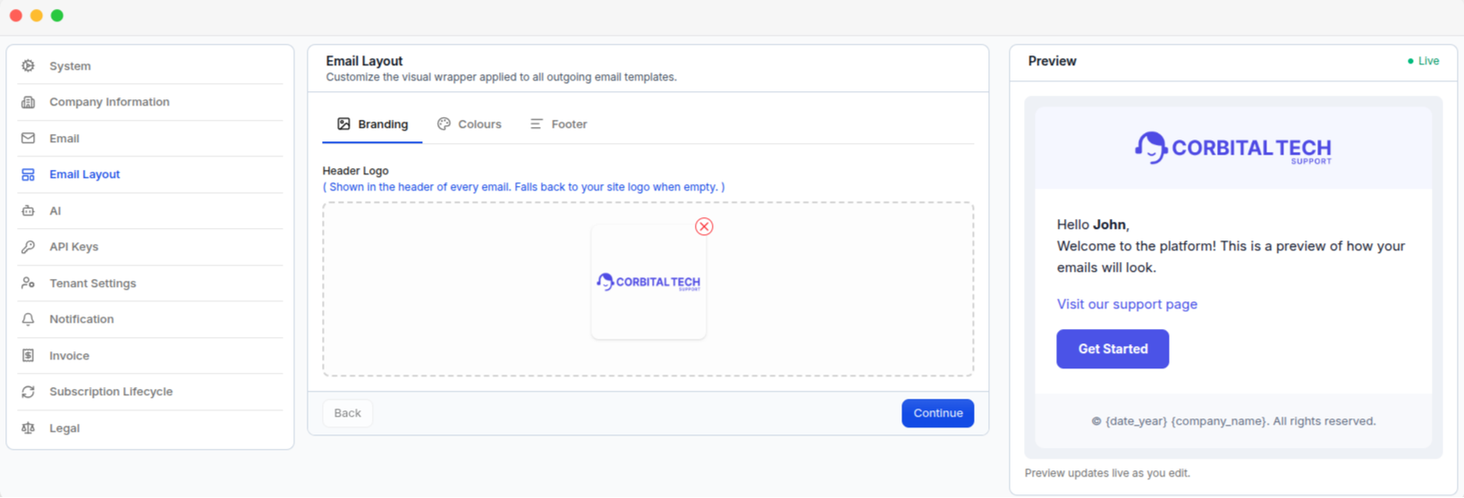 The Email Layout page on its Branding tab, with the live email preview alongside
