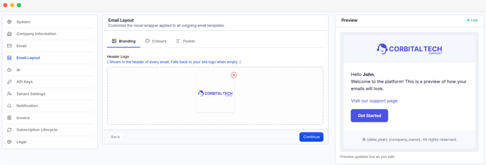 The Email Layout page on its Branding tab, with the live email preview alongside