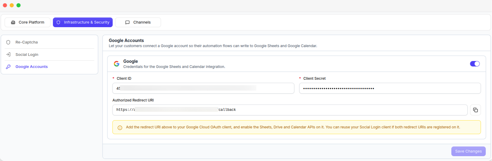 The Google Accounts tab, with the client credentials and the redirect URI to register
