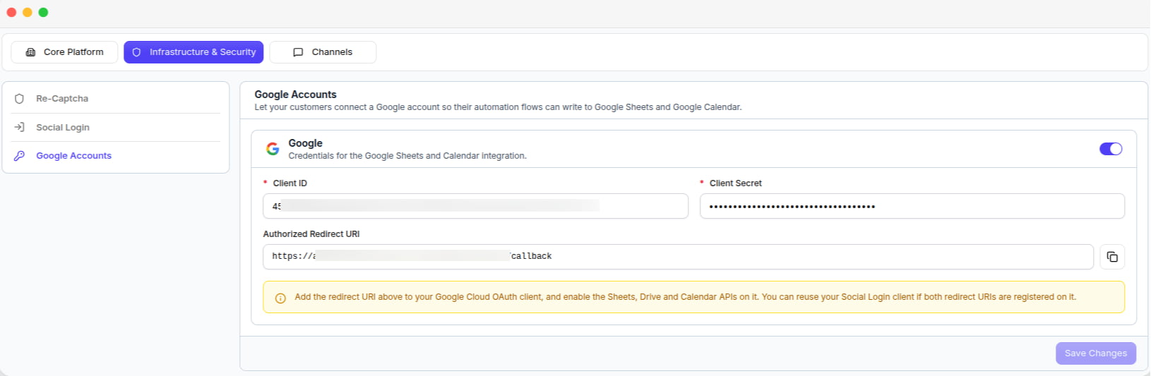 The Google Accounts tab, with the client credentials and the redirect URI to register