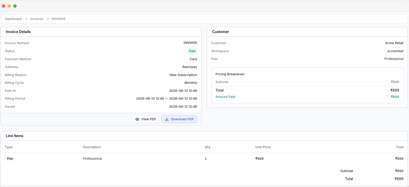 An invoice's detail page, with its details, the tenant, the pricing breakdown, and line items