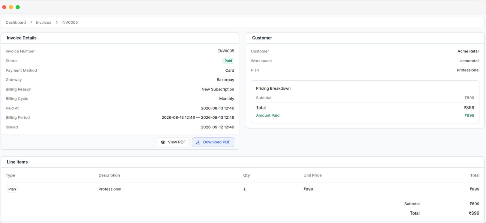 An invoice's detail page, with its details, the tenant, the pricing breakdown, and line items