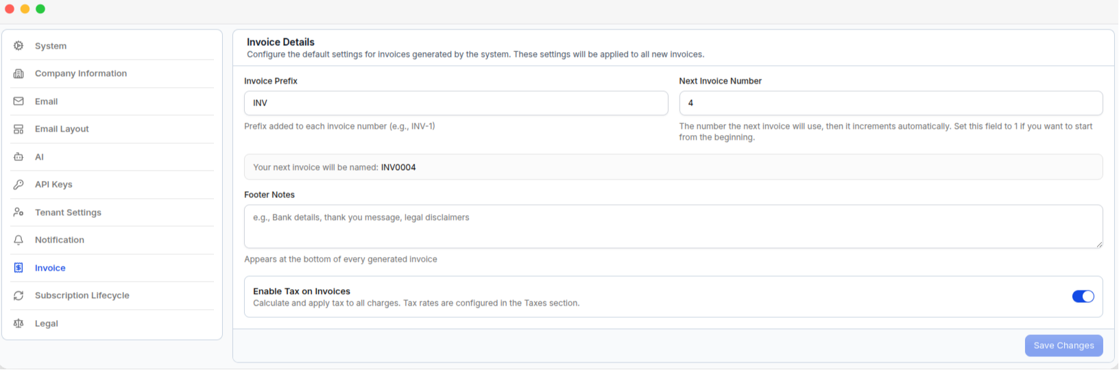 The Invoice Details settings page, with the invoice prefix, next invoice number, footer notes, and the tax toggle