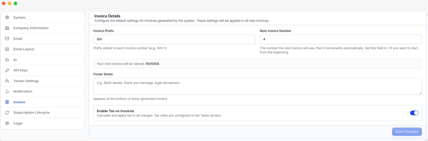 The Invoice Details settings page, with the invoice prefix, next invoice number, footer notes, and the tax toggle
