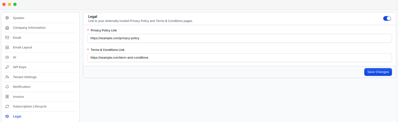 The Legal settings page, with the Privacy Policy and Terms & Conditions link fields
