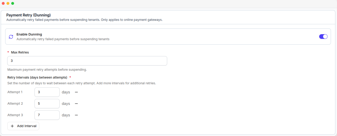 The Payment Retry card, with the retry limit and the interval between attempts
