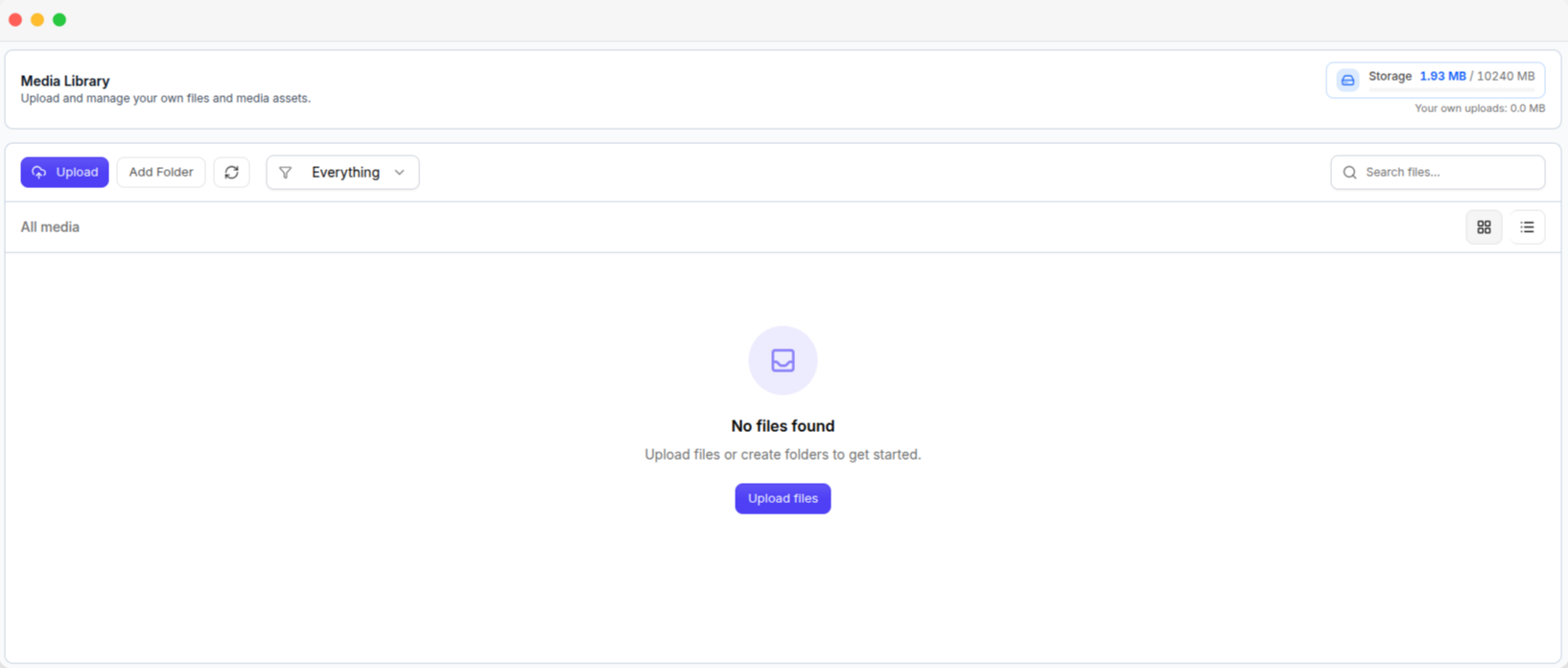 My Media, with the upload controls and the storage meter