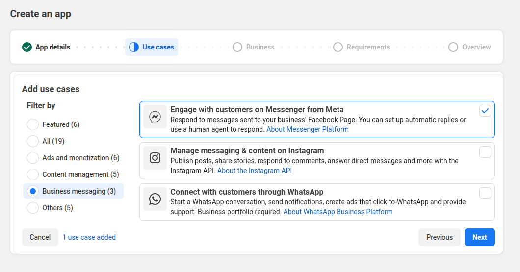 The Create an app use cases step, with Engage with customers on Messenger selected