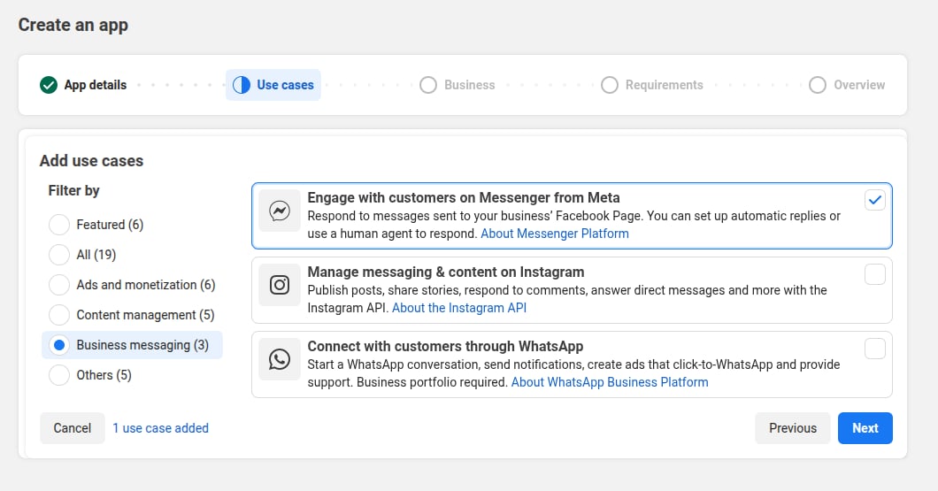 The Create an app use cases step, with Engage with customers on Messenger selected