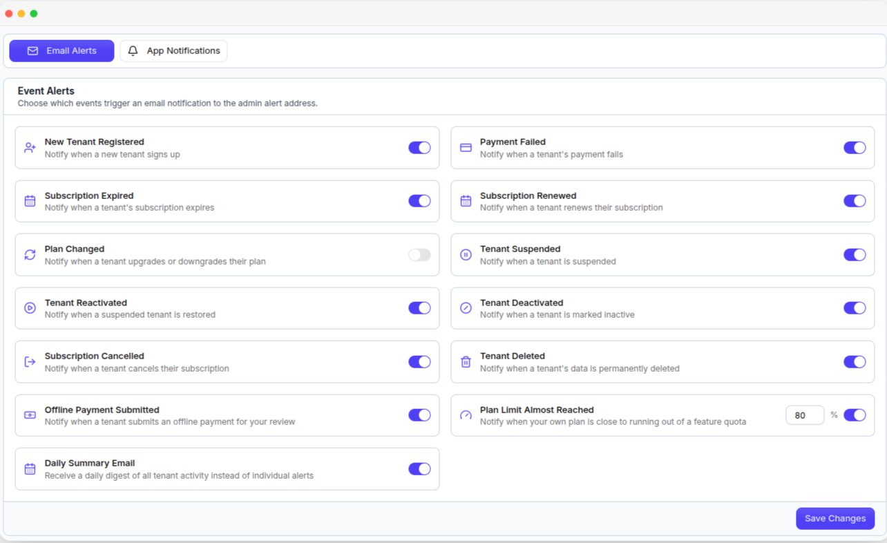 The Email Alerts tab, with a switch for each event