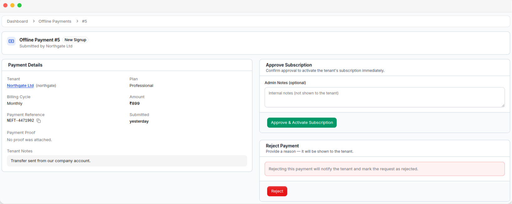 A payment request's review page, with the payment details alongside the approve and reject panels