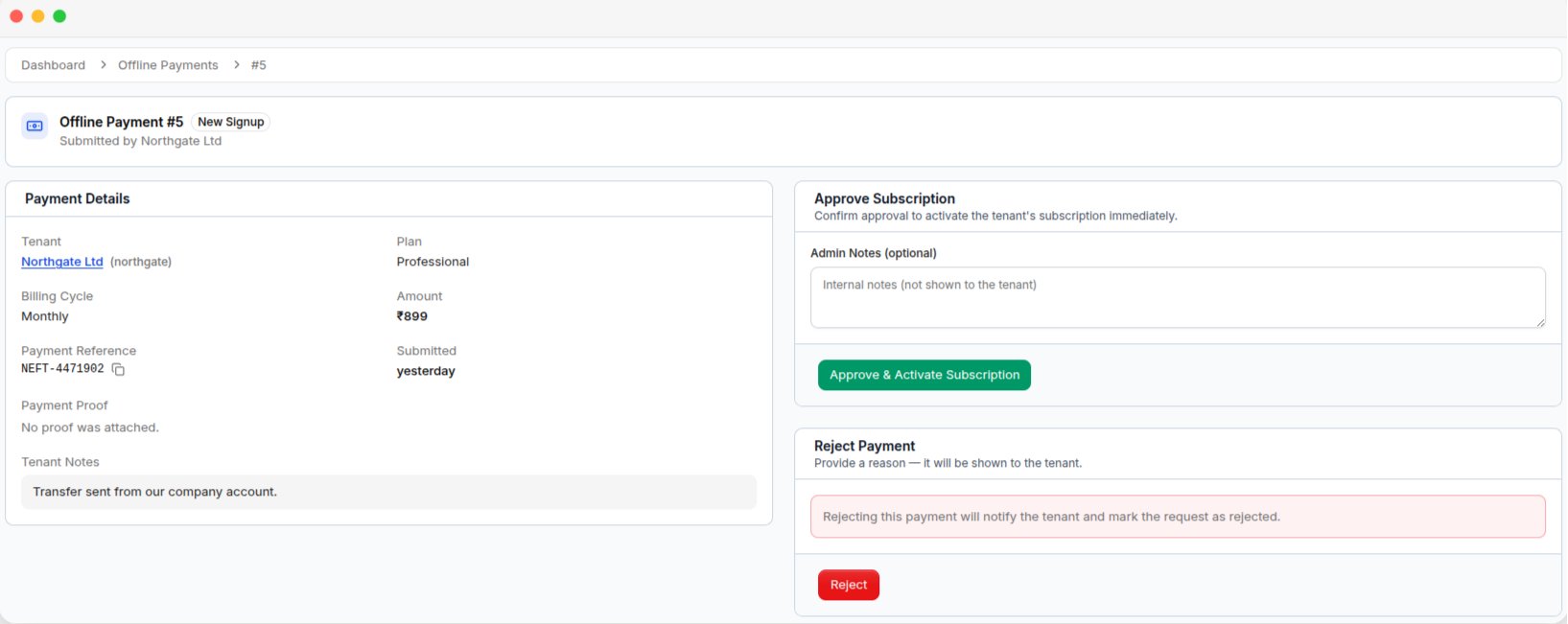 A payment request's review page, with the payment details alongside the approve and reject panels