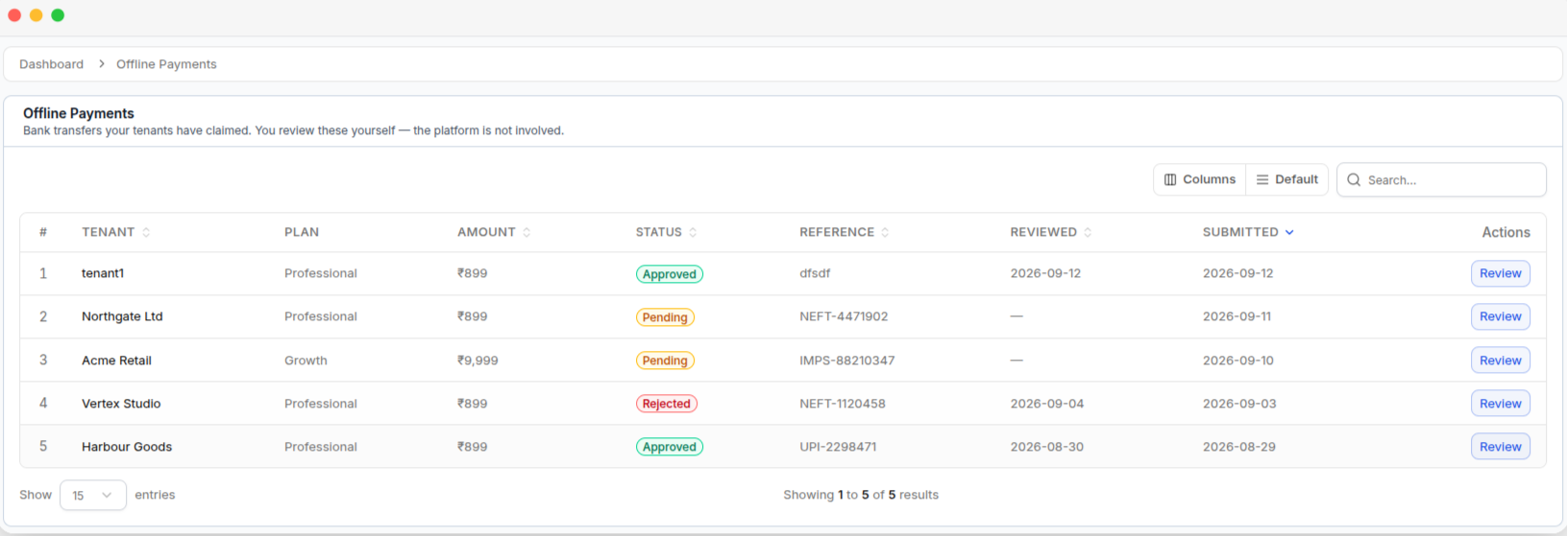 The Offline Payments list, with each request's status, amount, and reference