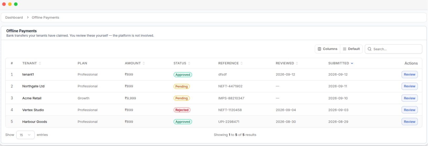 The Offline Payments list, with each request's status, amount, and reference