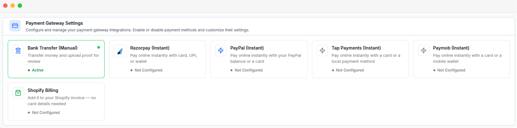 Payment Gateway Settings page showing the available payment methods