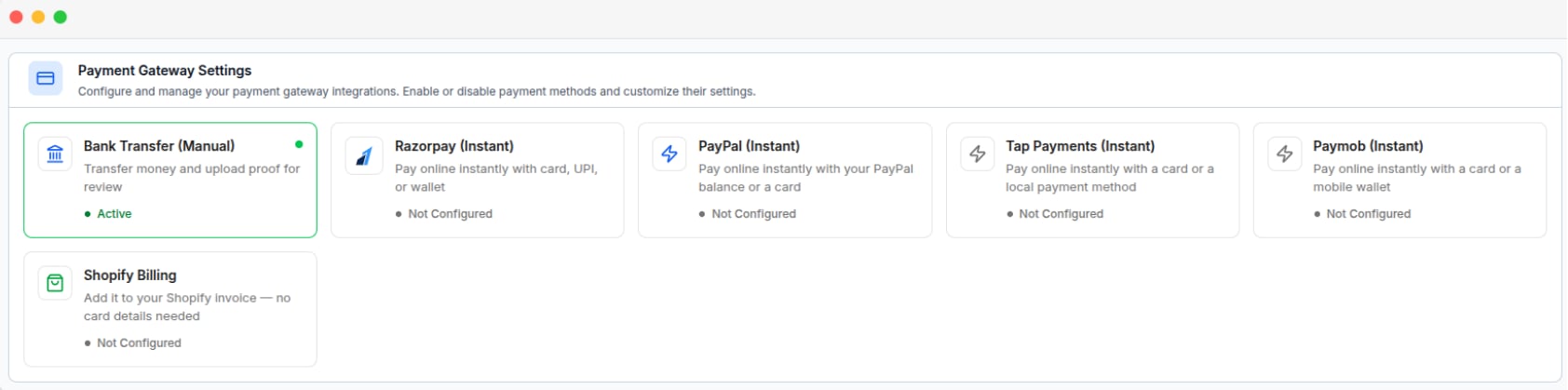Payment Gateway Settings page showing the available payment methods